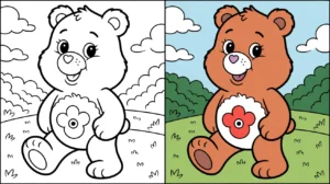 Care bear coloring page featuring a smiling bear, with a flower on its belly