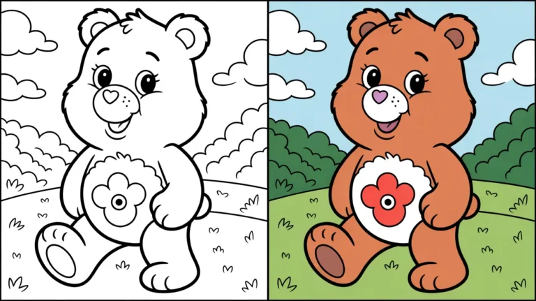 Care bear coloring page featuring a smiling bear, with a flower on its belly