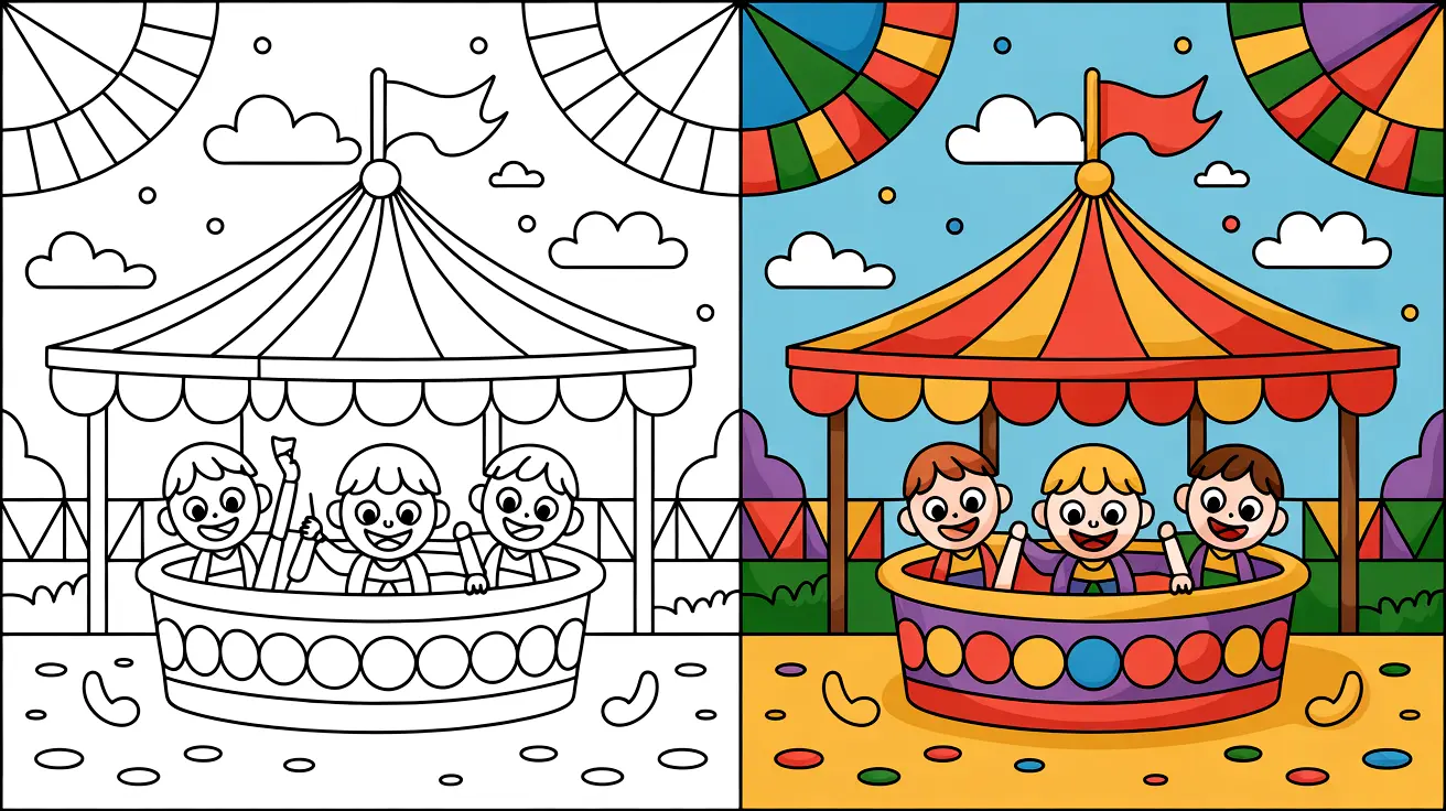 Carnival coloring page: children on a carousel ride, with a two-panel design