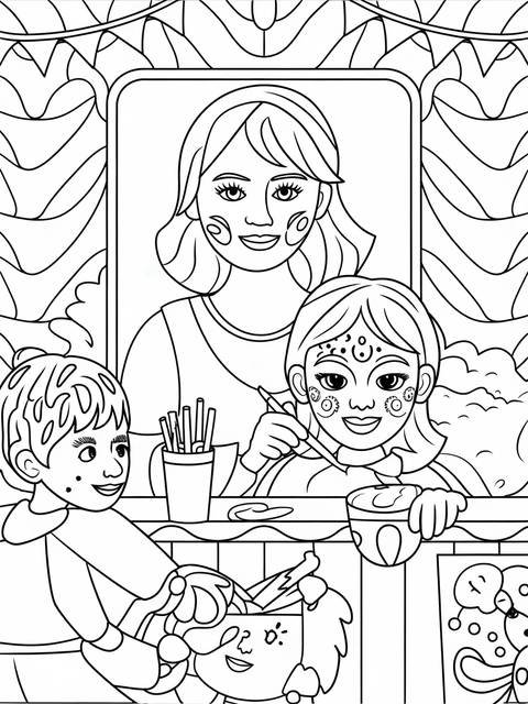 Carnival face painting booth coloring page featuring a woman and two children