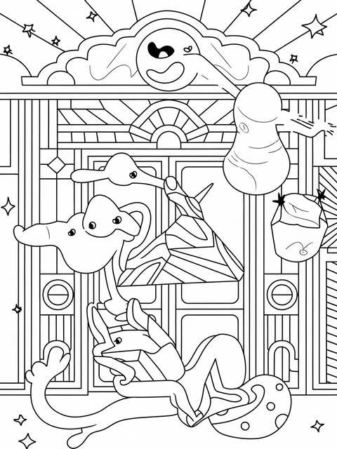 Carnival funhouse entrance coloring page, with whimsical characters and geometric background design