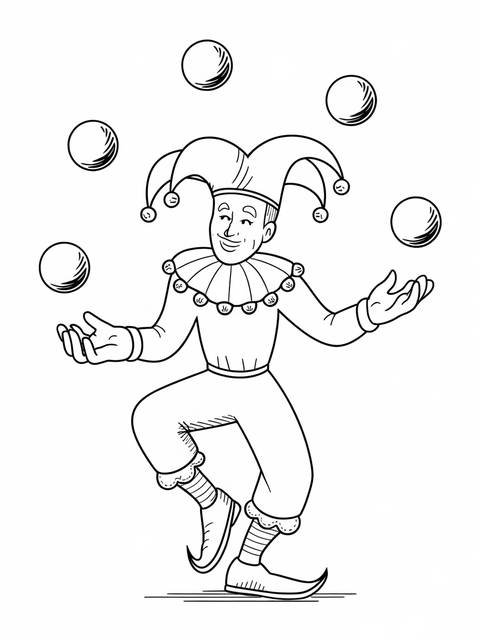 Carnival jester juggling balls, performing in a black and white illustration
