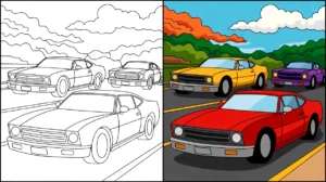 Cars coloring pages: a split image showing cars in color and line art