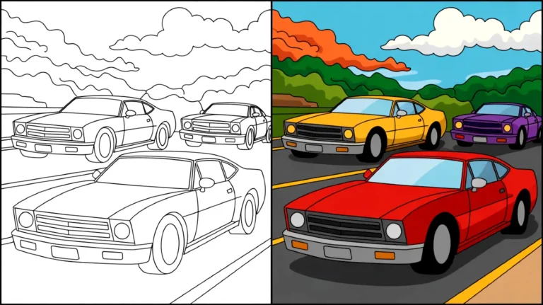 Cars coloring pages: a split image showing cars in color and line art