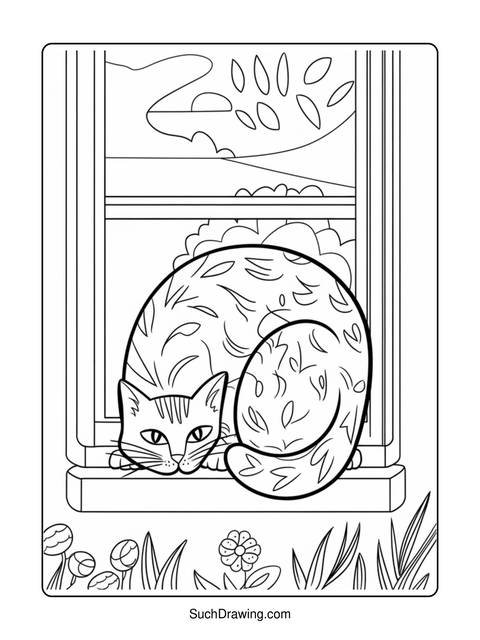A black and white coloring page of a cat curled up in a window