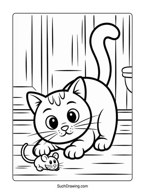 A cartoon cat with large eyes, paws, and a mouse on the floor