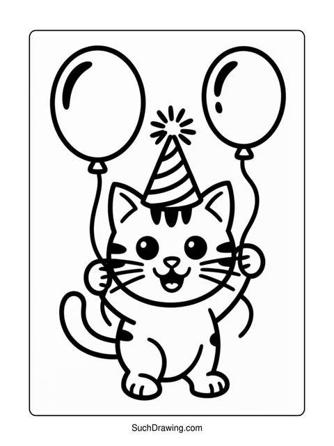 A cartoon cat wearing a party hat holding balloons, ready to celebrate