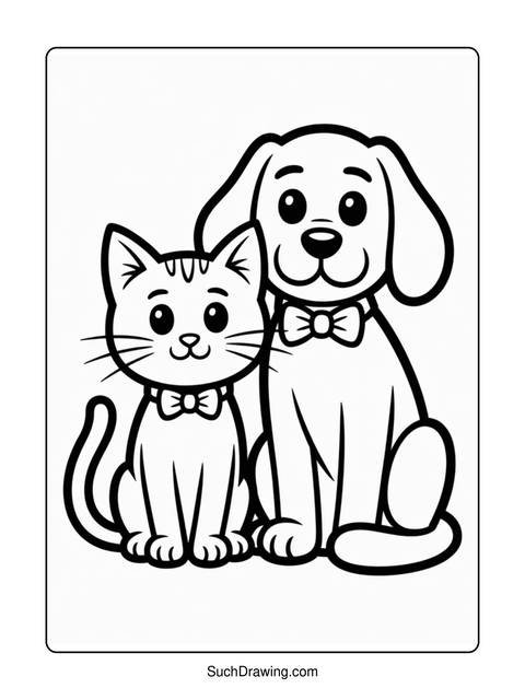 Black and white coloring page of a cat and dog wearing bowties