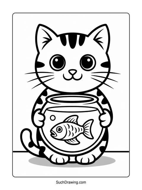 Black and white drawing of a cat holding a fishbowl with a fish