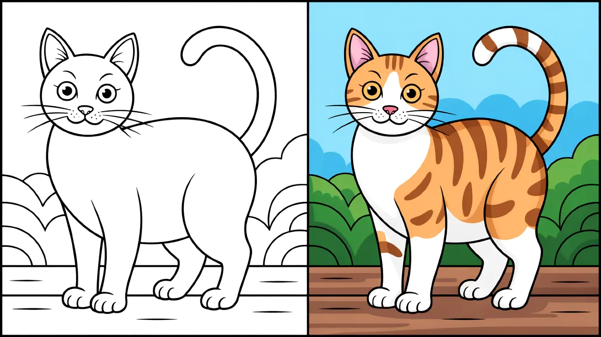 Cat coloring page: a standing cat, ready for coloring with details