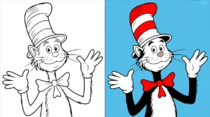 Two-pane coloring page featuring the cat in the hat, ready for coloring
