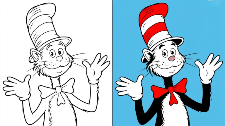 Two-pane coloring page featuring the cat in the hat, ready for coloring