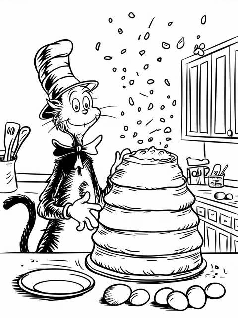 The cat in the hat making something, possibly a cake, with eggs and a plate