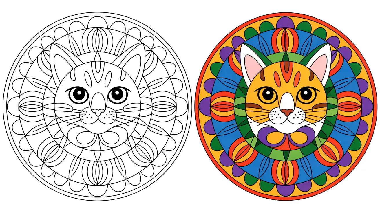 Cat mandala coloring page featuring a cat face within a circular design