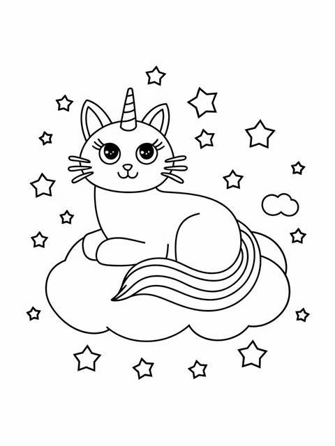 A caticorn lounging on a cloud, surrounded by stars, ready for coloring