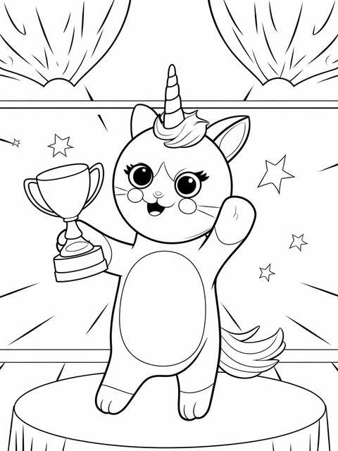 A caticorn receiving a trophy, celebrating a win with stars around it