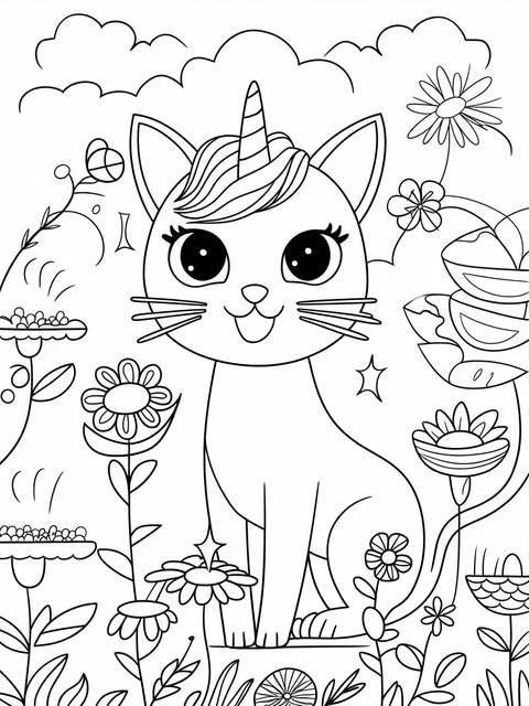Black and white coloring page of a caticorn surrounded by flowers and clouds