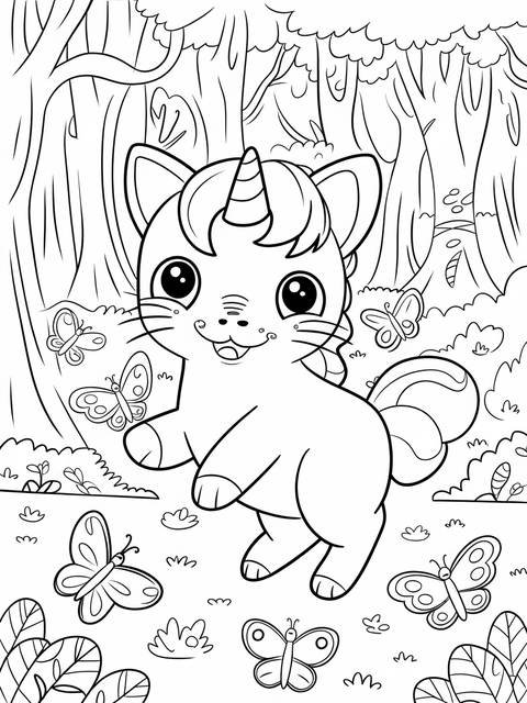 A coloring page depicting a playful caticorn with butterflies and a forest background
