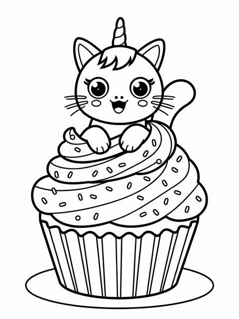 Caticorn coloring page: a cat-unicorn hybrid emerging from a cupcake