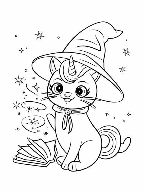 A coloring page of a caticorn wearing a witch hat with a spell book