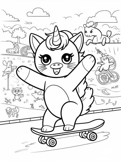 Caticorn riding a skateboard, a coloring page featuring a whimsical unicorn-cat hybrid