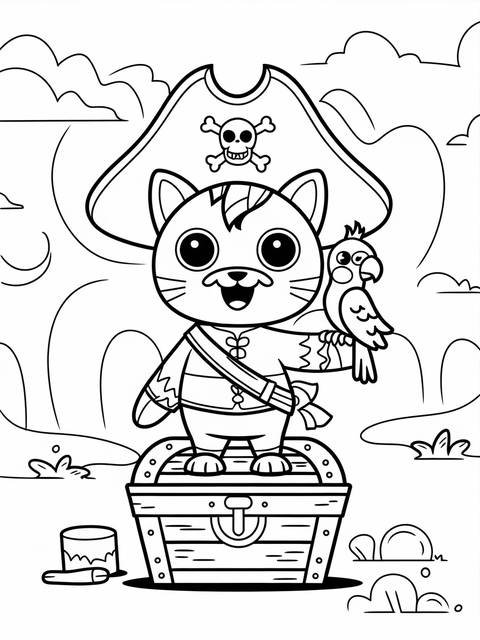 A coloring page of a pirate caticorn standing on a treasure chest with a parrot