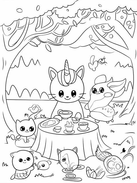 A caticorn having a tea party with friends in a whimsical, outlined illustration