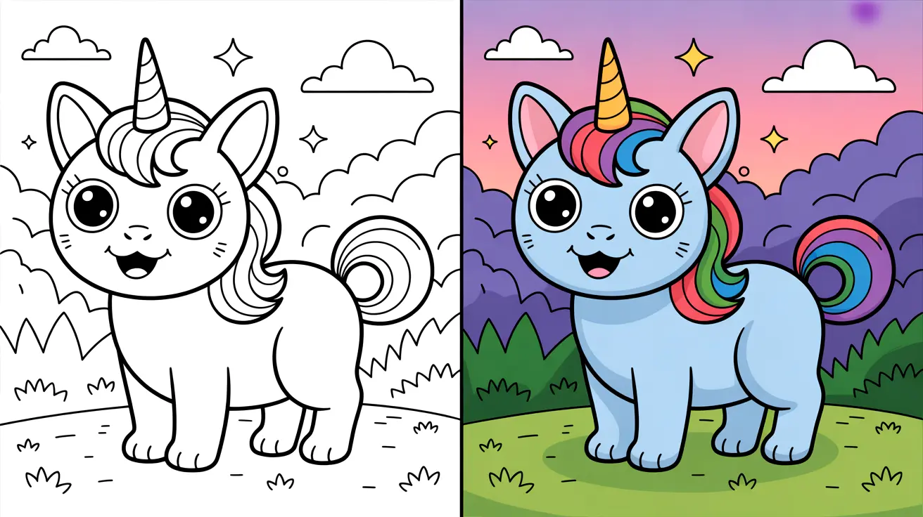 Caticorn coloring page: a two-panel image of a cute, cartoon caticorn