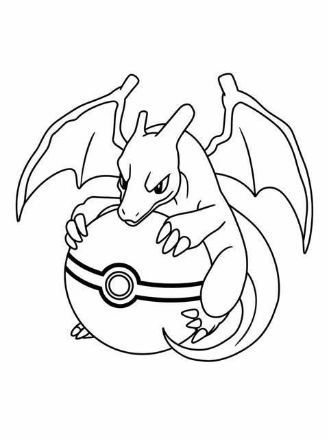 Line art of charizard pokemon curled around a pokeball, ready for coloring