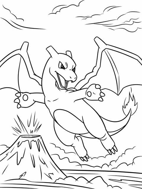 Charizard pokemon flying over a volcano, a coloring page illustration