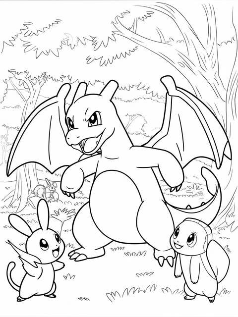 Charizard pokemon playfully interacting with other pokemon in a detailed coloring page