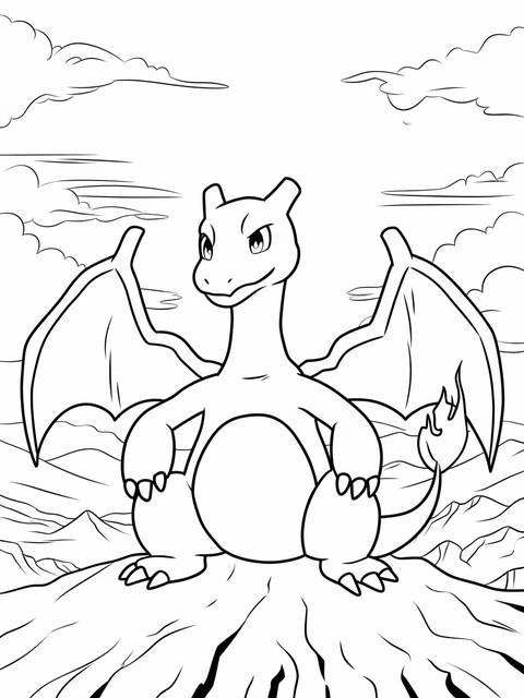 Charizard pokemon sitting on a rocky surface, ready to be colored