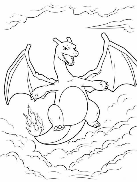 Line art of charizard pokemon soaring high in the clouds, ready for coloring