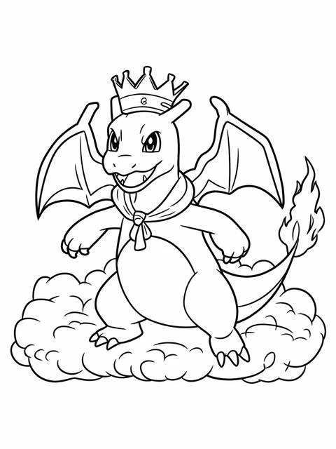 Charizard pokemon wearing a crown, standing on clouds, ready for coloring