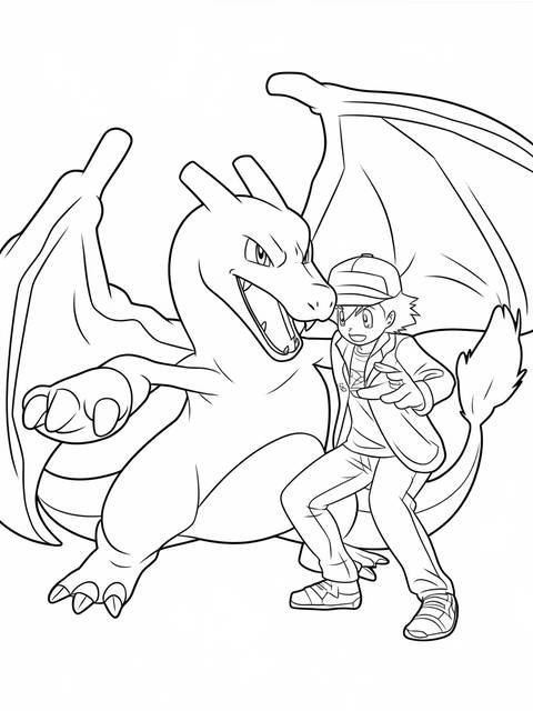 Line art of charizard pokemon tackling with a trainer