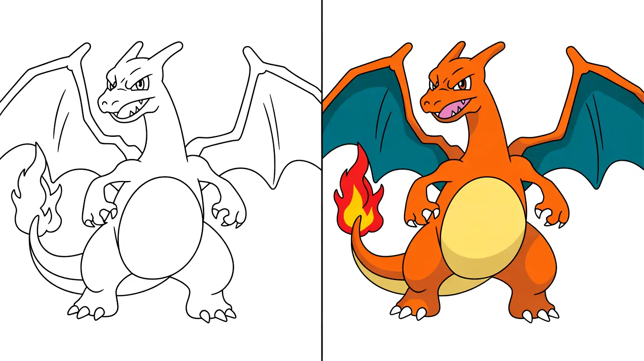 Charizard pokemon coloring page, featuring a detailed outline and a colored version