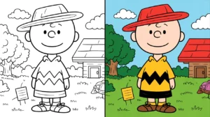 Charlie brown coloring page: a two-panel illustration of the peanuts character