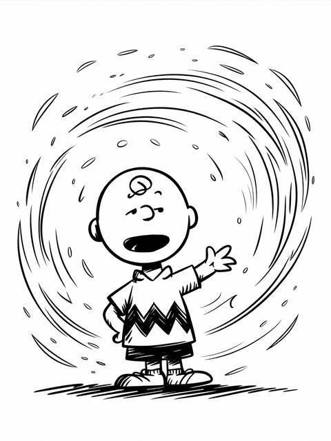Charlie brown, from the peanuts comic, surrounded by swirling lines, reaching out