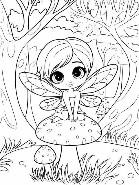 Chibi fairy with delicate wings sitting on a mushroom in a forest coloring page