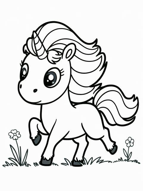 Chibi unicorn with flowing mane, a coloring page illustration of a cute pony