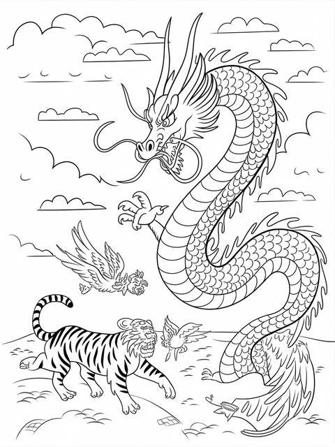 A chinese dragon battling a tiger, a coloring page illustration