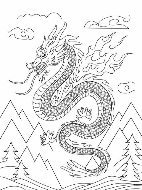 Line art of a coiling chinese dragon with mountains and clouds in the background