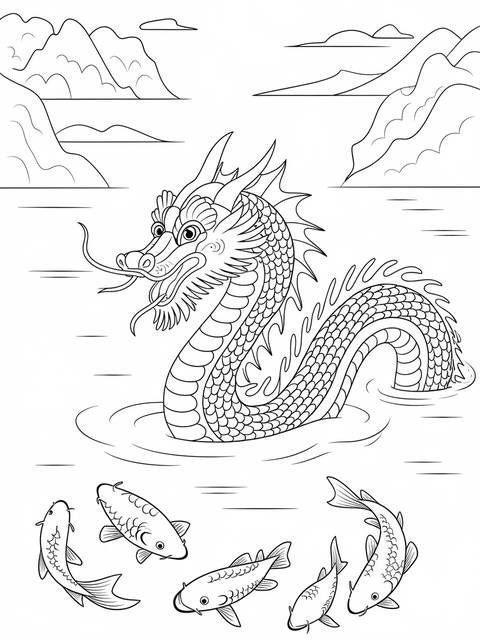 Line art of a chinese dragon emerging from water, with fish below and mountains