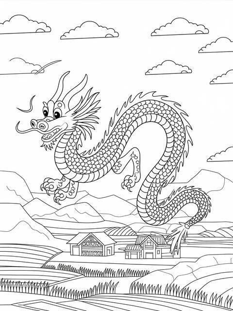 A chinese dragon soaring above a landscape, ready for coloring