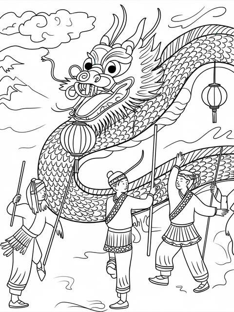Line art of a chinese dragon and people celebrating the chinese new year