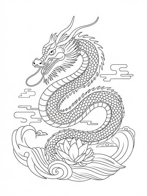 Line art of a majestic chinese dragon with intricate details, ready for coloring