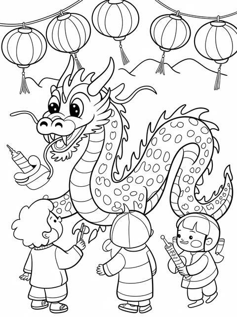 Coloring page of a playful chinese dragon with children and lanterns, ready for coloring