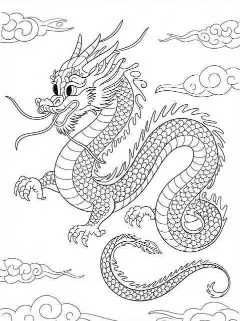 Line art of a traditional chinese dragon with clouds, ready for coloring