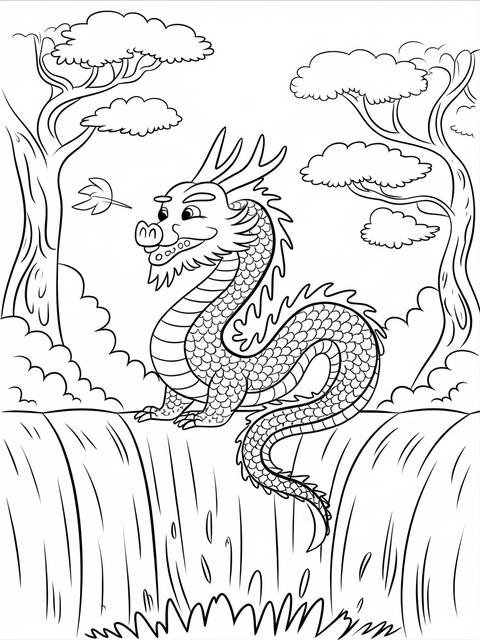 Line art of a wise chinese dragon standing near a waterfall