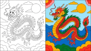 Chinese dragon coloring page: a two-pane image, one colored, one outline
